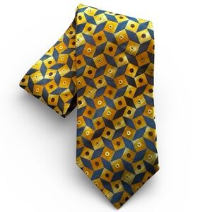 Daniel Craig Italian Silk Tie Gold Blue Geometric Men’s Necktie Classic Width